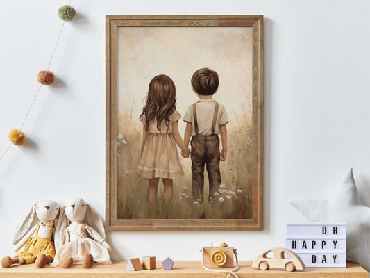 Siblings Portrait Wall Art – Kids Room Print for Toddlers