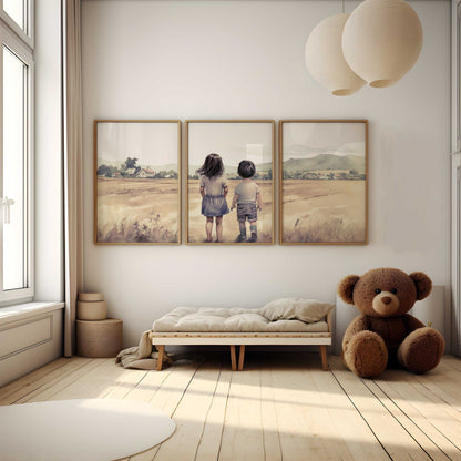 Brother & Sister Wall Art, Farmhouse Nursery Decor, Sibling Portrait - WildfieldPrints