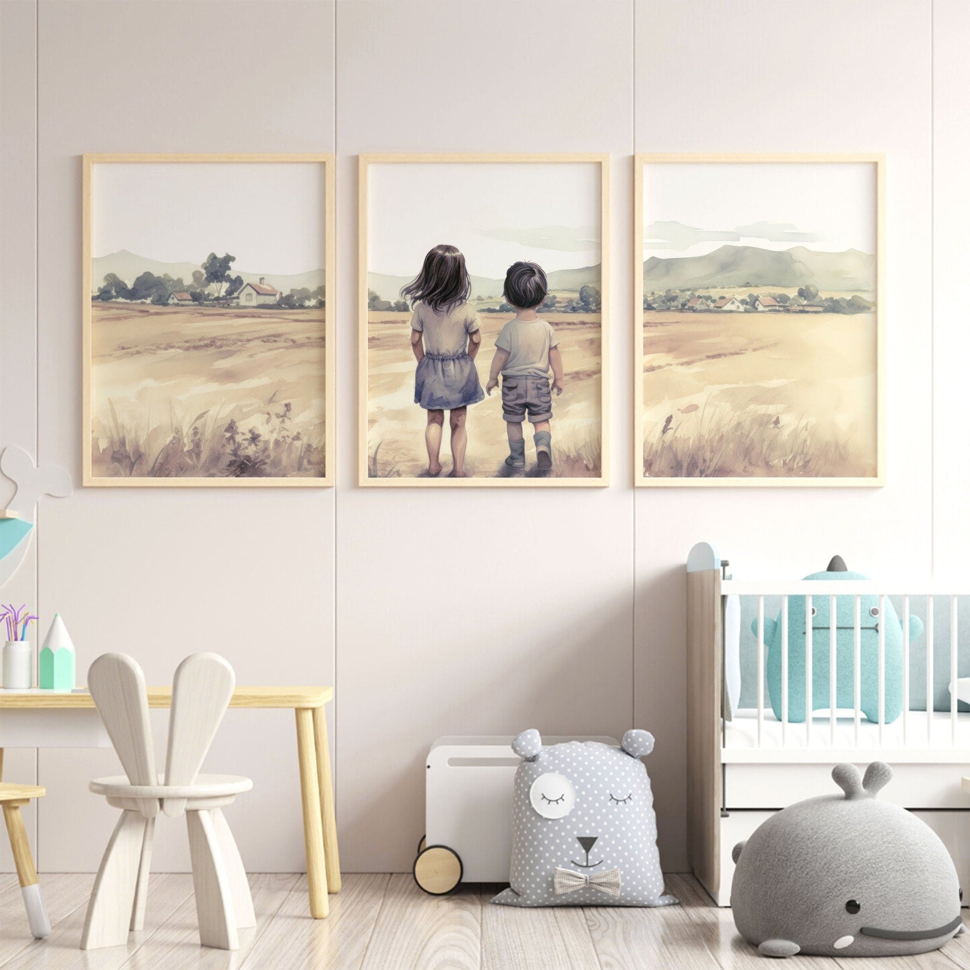 Brother & Sister Wall Art, Farmhouse Nursery Decor, Sibling Portrait - WildfieldPrints