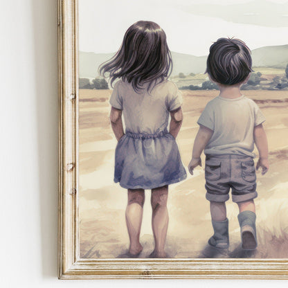 Brother & Sister Wall Art, Farmhouse Nursery Decor, Sibling Portrait - WildfieldPrints