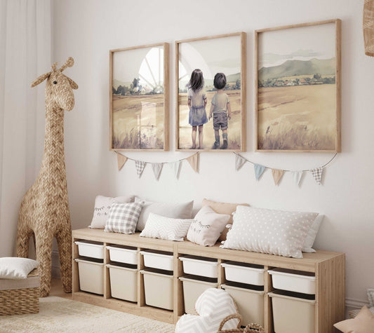 Brother & Sister Wall Art, Farmhouse Nursery Decor, Sibling Portrait - WildfieldPrints