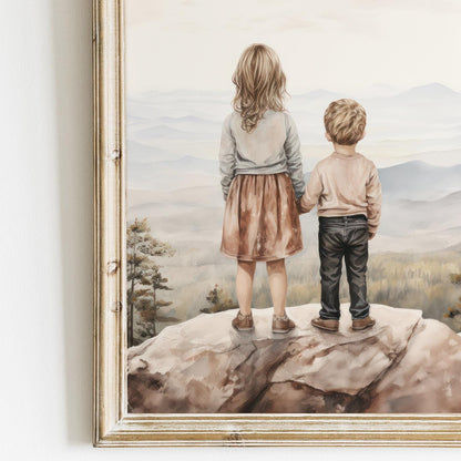 Brother & Sister Wall Art, Sibling Adventure Decor, Mountain Nursery Print - WildfieldPrints
