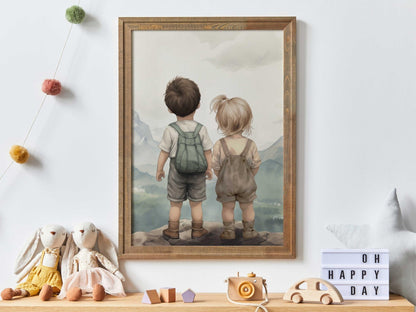 Brother & Sister Wall Art, Sibling Painting, Shared Gift Decor - WildfieldPrints