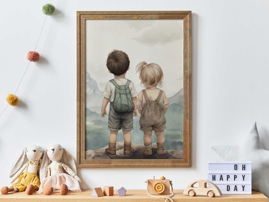 Brother & Sister Wall Art, Sibling Painting, Shared Gift Decor - WildfieldPrints