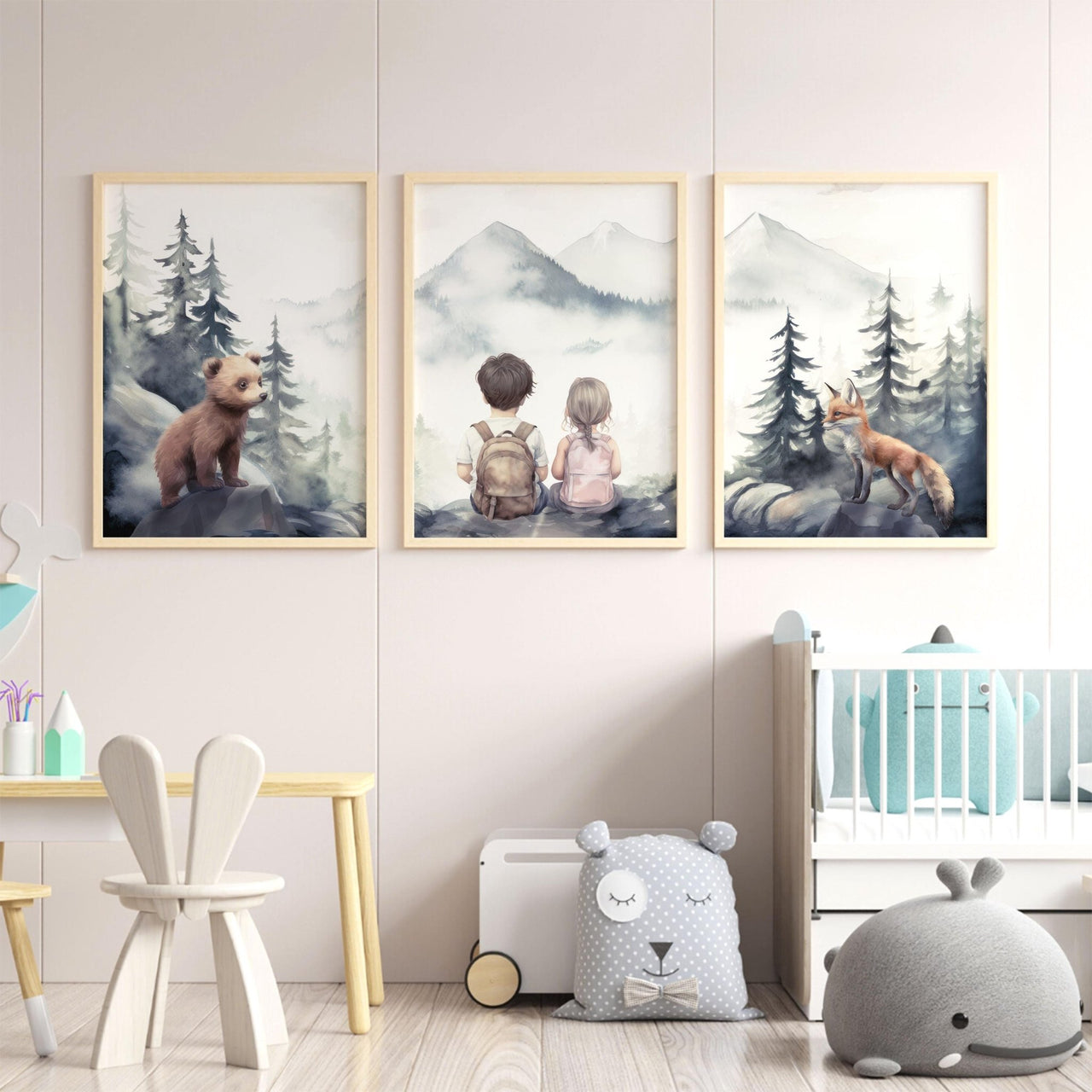 Woodland Animals Wall Art – Siblings Nursery Print • Set of 3