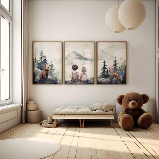 Woodland Animals Wall Art – Siblings Nursery Print • Set of 3