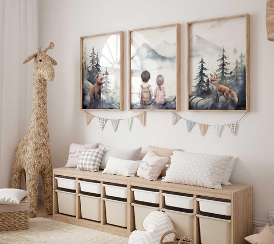 Brother & Sister Wall Decor, Boy and Girl Prints, Woodland Animals - WildfieldPrints