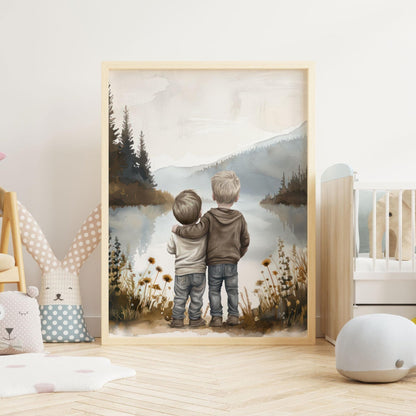 Brother Wall Art, Boys by Lake Decor, Two Brothers Painting - WildfieldPrints