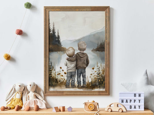 Brother Wall Art, Brothers by a Lake, Charming Room Decor - WildfieldPrints