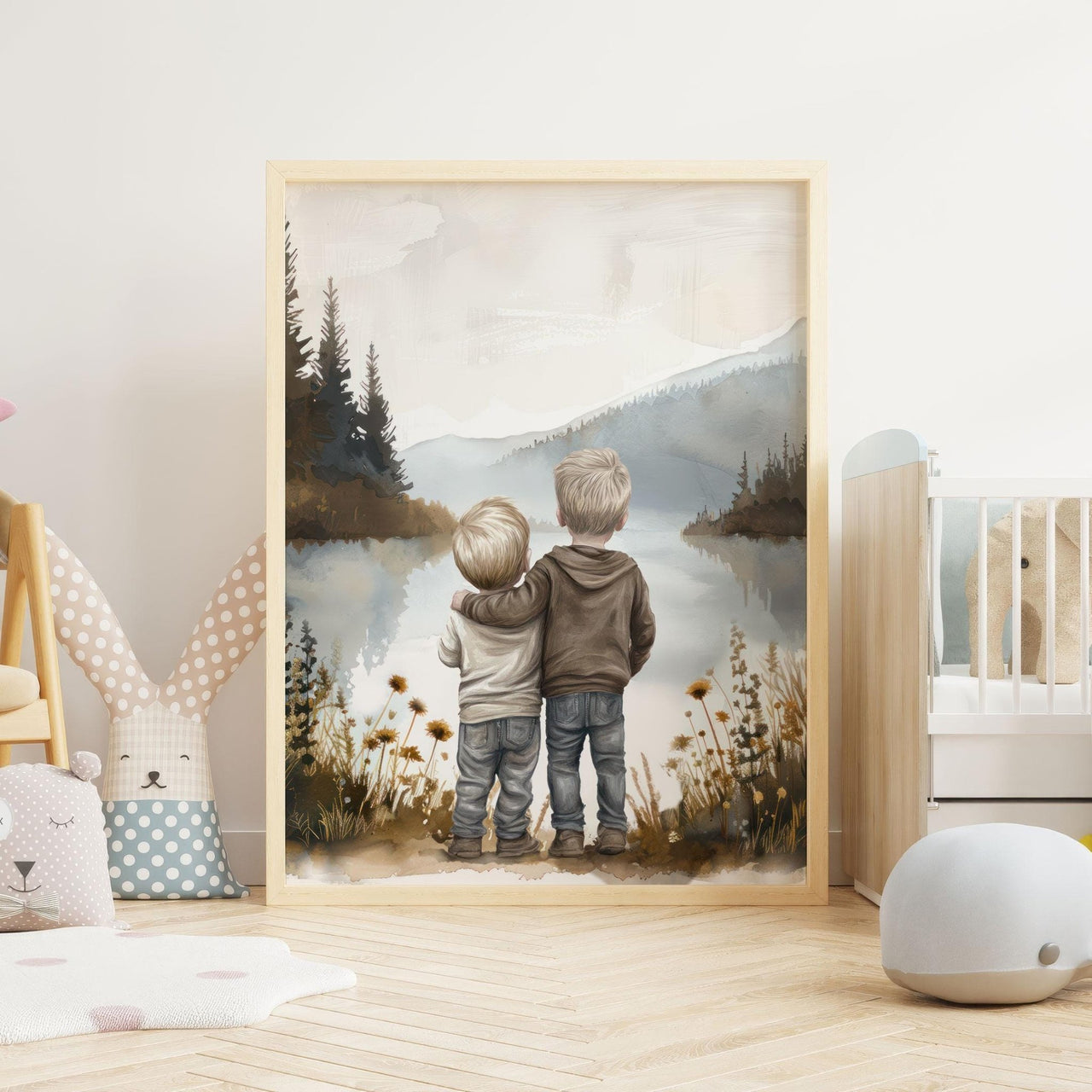 Brothers by a Lake Print – Childhood Boys Room Wall Decor