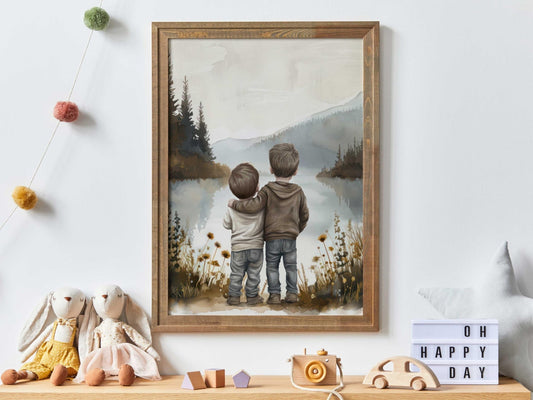 Brother Wall Art, Brothers by a Lake, Charming Room Decor - WildfieldPrints