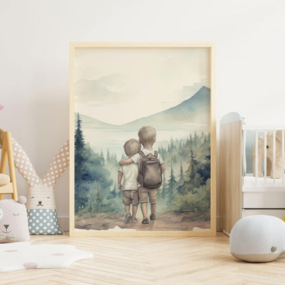 Brother Wall Art, Forest Adventure Decor, Two Boys Painting - WildfieldPrints