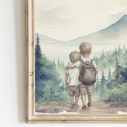 Brother Wall Art, Forest Adventure Decor, Two Boys Painting - WildfieldPrints