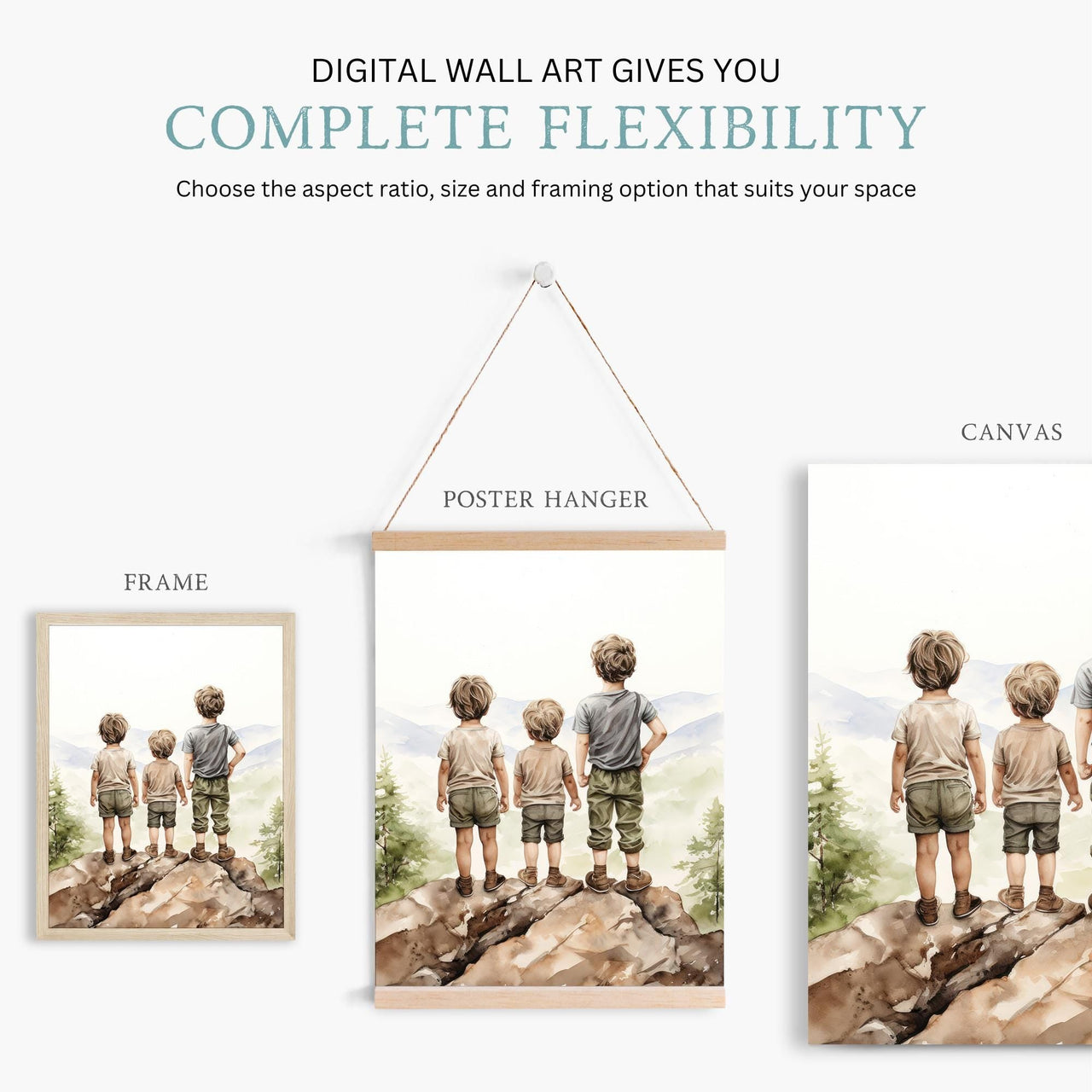 Three Brothers Mountain Wall Art – Adventure Boys Room Print • Set of 3