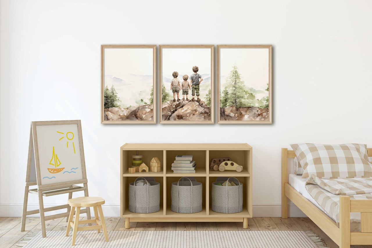 Three Brothers Mountain Wall Art – Adventure Boys Room Print • Set of 3