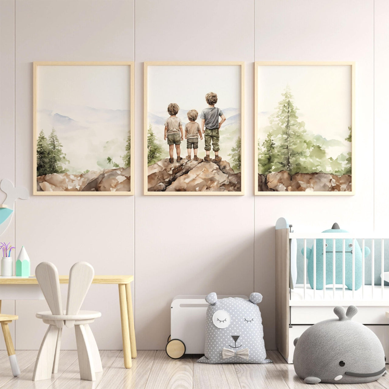 Three Brothers Mountain Wall Art – Adventure Boys Room Print • Set of 3