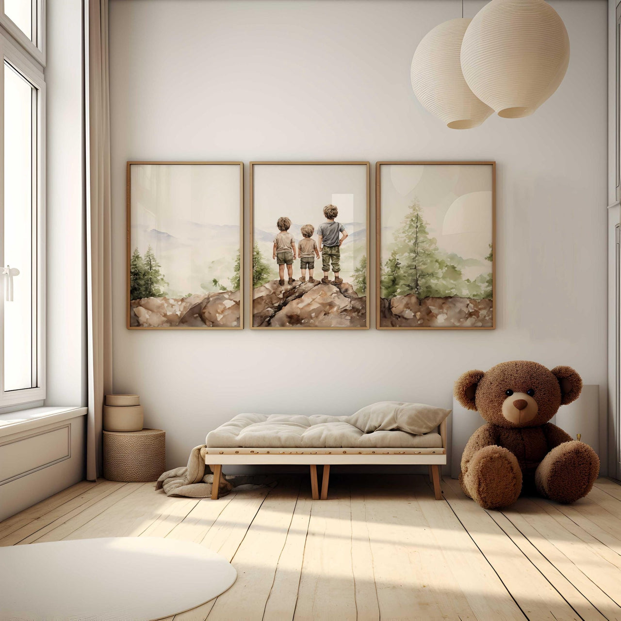Three Brothers Mountain Wall Art – Adventure Boys Room Print • Set of 3