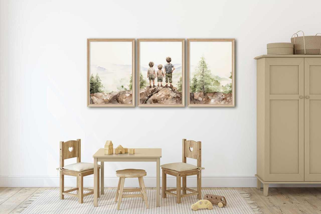 Three Brothers Mountain Wall Art – Adventure Boys Room Print • Set of 3