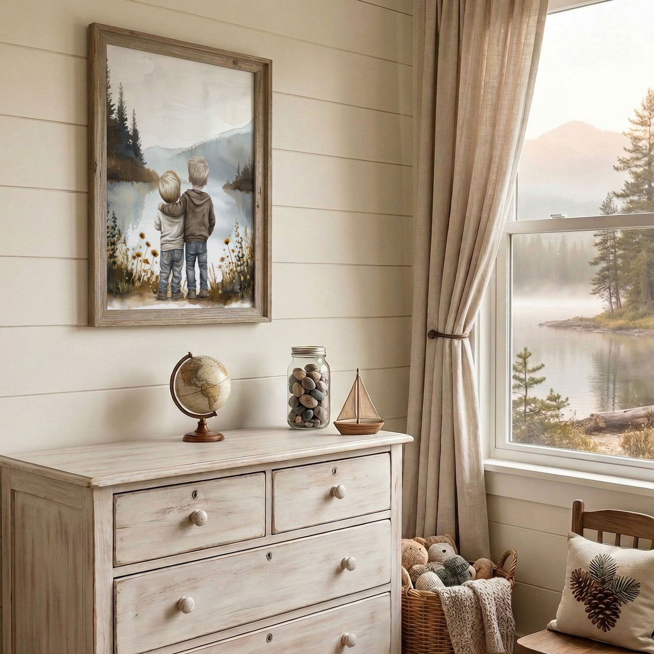 Brothers by a Lake Print – Childhood Boys Room Wall Decor