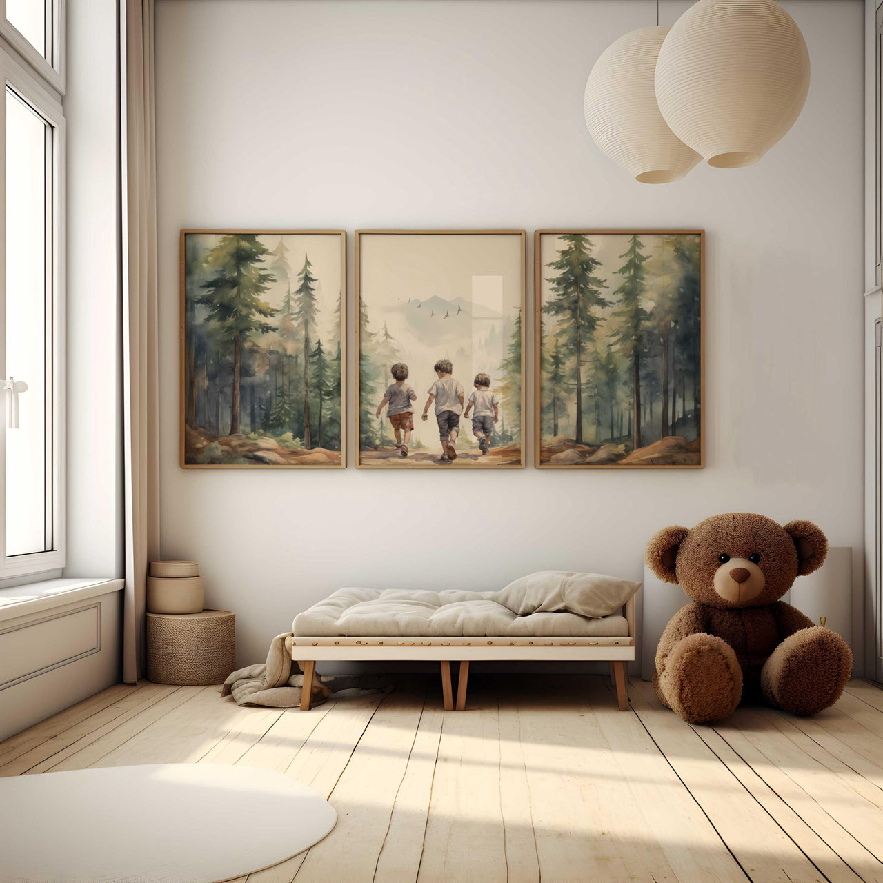 Three Brothers Adventure Wall Art – Forest Boys Room Print • Set of 3