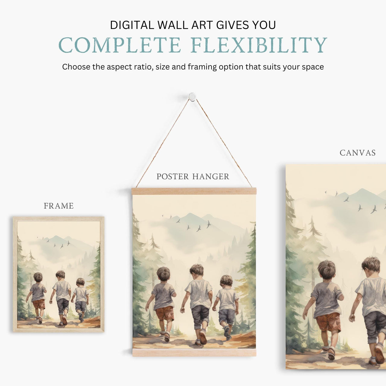 Three Brothers Adventure Wall Art – Forest Boys Room Print • Set of 3