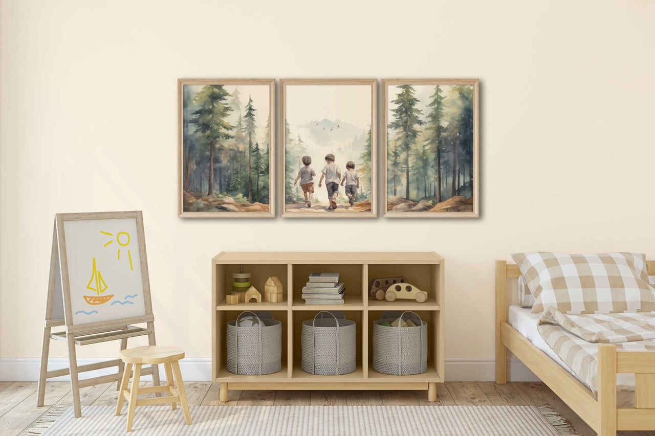 Three Brothers Adventure Wall Art – Forest Boys Room Print • Set of 3