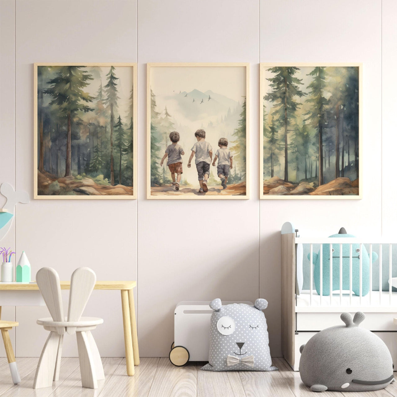 Three Brothers Adventure Wall Art – Forest Boys Room Print • Set of 3