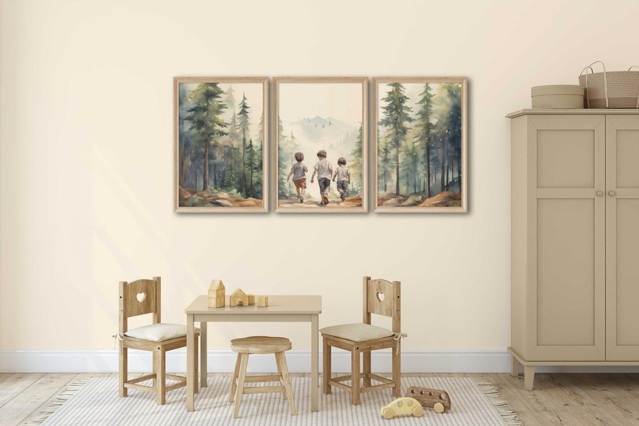 Three Brothers Adventure Wall Art – Forest Boys Room Print • Set of 3