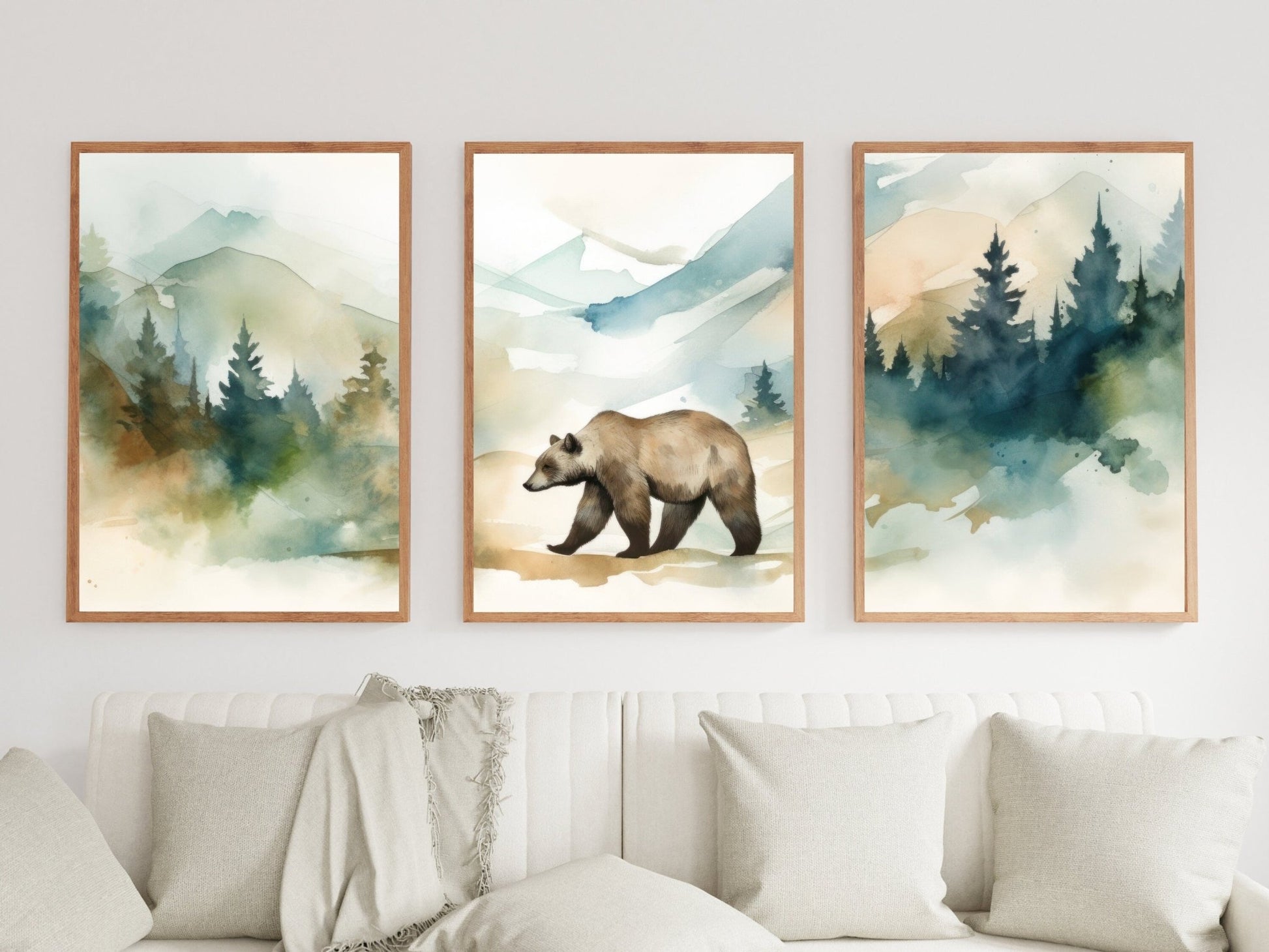 Brown Bear Wall Art, Forest & Mountain Landscape, Nursery Decor, Watercolor - WildfieldPrints