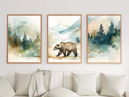 Brown Bear Wall Art, Forest & Mountain Landscape, Nursery Decor, Watercolor - WildfieldPrints