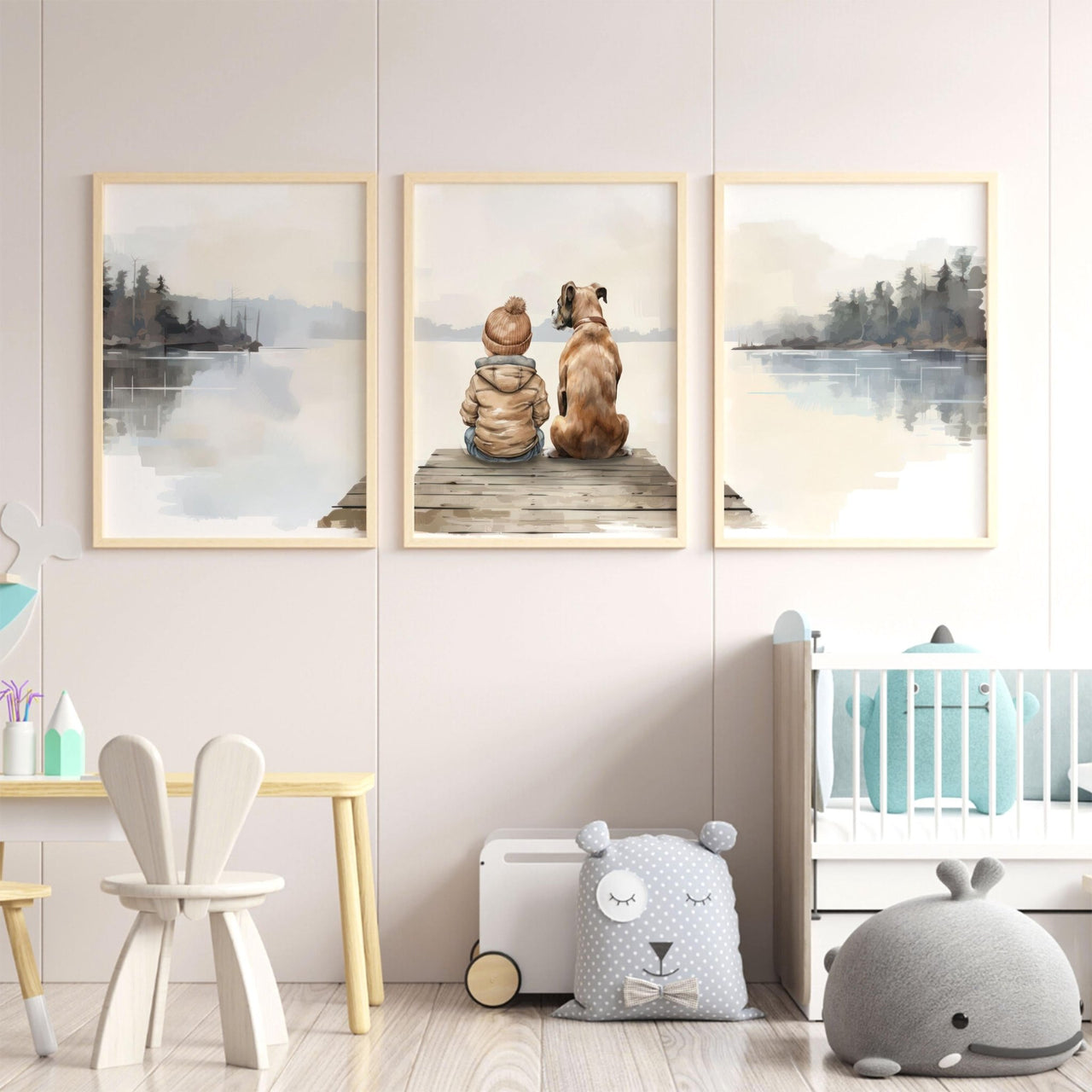 Brown Boxer Wall Art – Dog Nursery Print for Boys • Set of 3