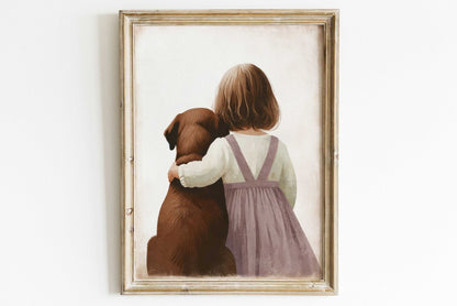 Brown Lab Print, Labrador Nursery Decor, Girl & Dog Wall Art - WildfieldPrints