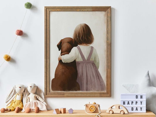 Brown Lab Print, Labrador Nursery Decor, Girl & Dog Wall Art - WildfieldPrints