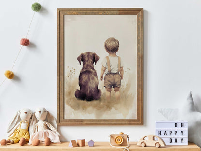 Brown Labrador Nursery Print, Boy & Dog Painting, Puppy Room Decor - WildfieldPrints
