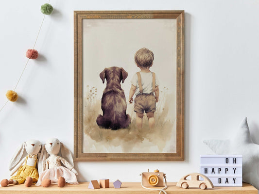 Brown Labrador Nursery Print, Boy & Dog Painting, Puppy Room Decor - WildfieldPrints