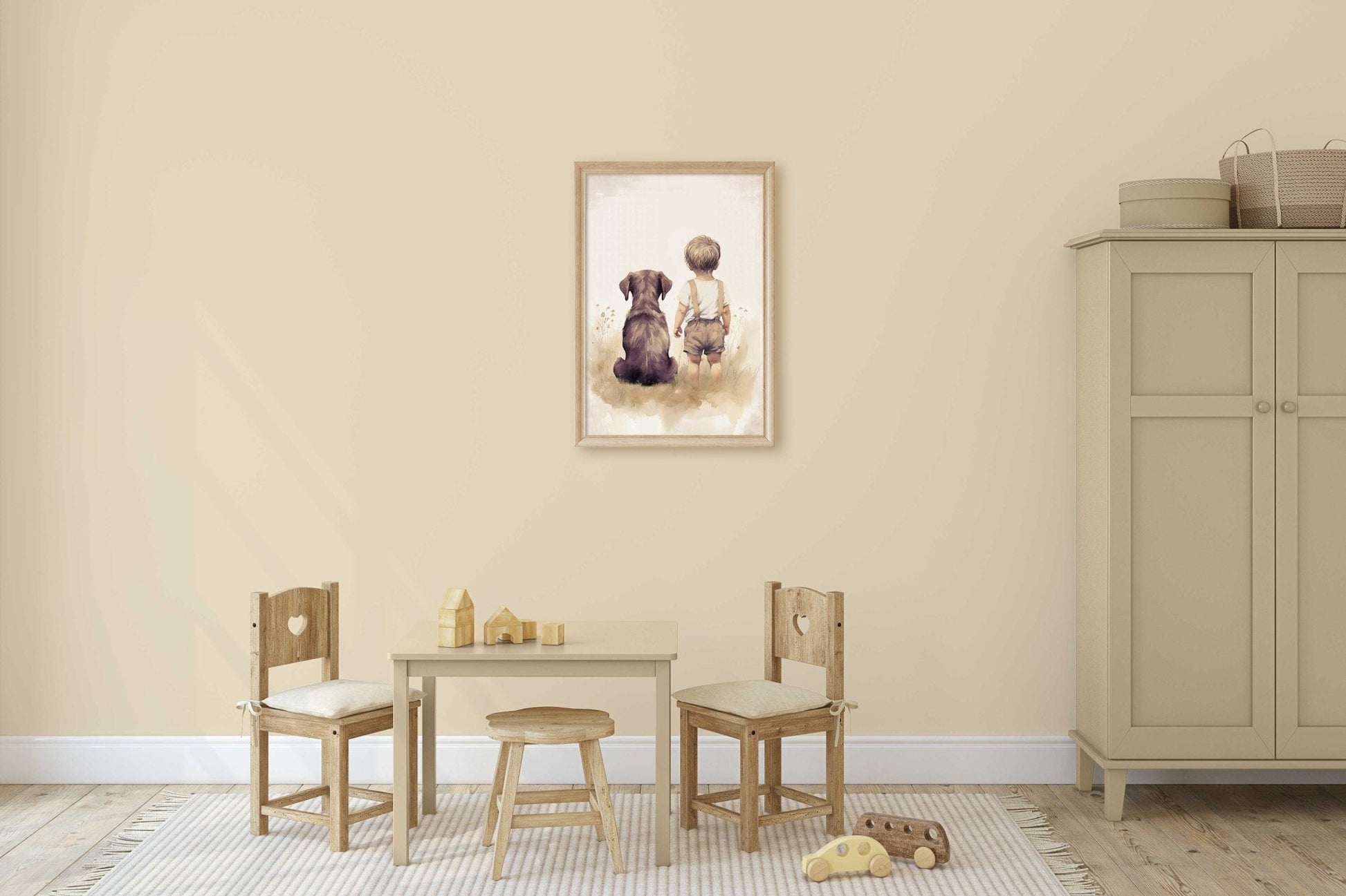Brown Labrador Nursery Print, Boy & Dog Painting, Puppy Room Decor - WildfieldPrints