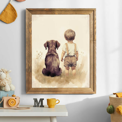Brown Labrador Nursery Print, Boy & Dog Painting, Puppy Room Decor - WildfieldPrints