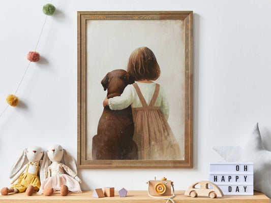 Brown Labrador Retriever Nursery Decor, Girl & Dog Art, Puppy Print - WildfieldPrints
