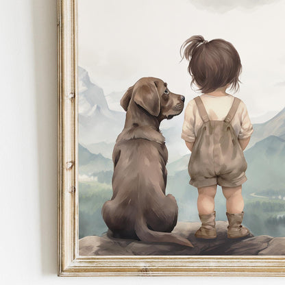 Brown Labrador Wall Art, Dog Nursery Decor, Girl & Dog Portrait - WildfieldPrints