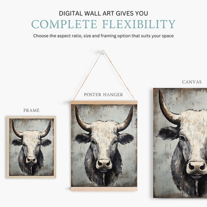 Bull Wall Art, Rustic Farmhouse Decor, Country Animal Print - WildfieldPrints