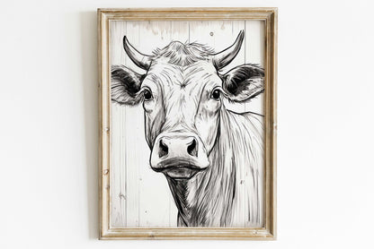 Bull Wall Art, Rustic Farmhouse Decor, One Line Drawing - WildfieldPrints