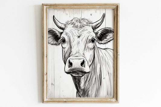 Bull Wall Art, Rustic Farmhouse Decor, One Line Drawing - WildfieldPrints