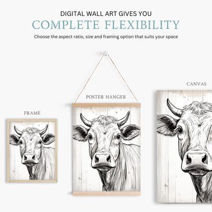Bull Wall Art, Rustic Farmhouse Decor, One Line Drawing - WildfieldPrints