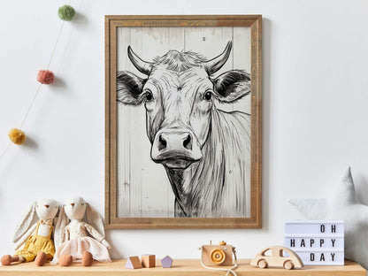 Bull Wall Art, Rustic Farmhouse Decor, One Line Drawing - WildfieldPrints
