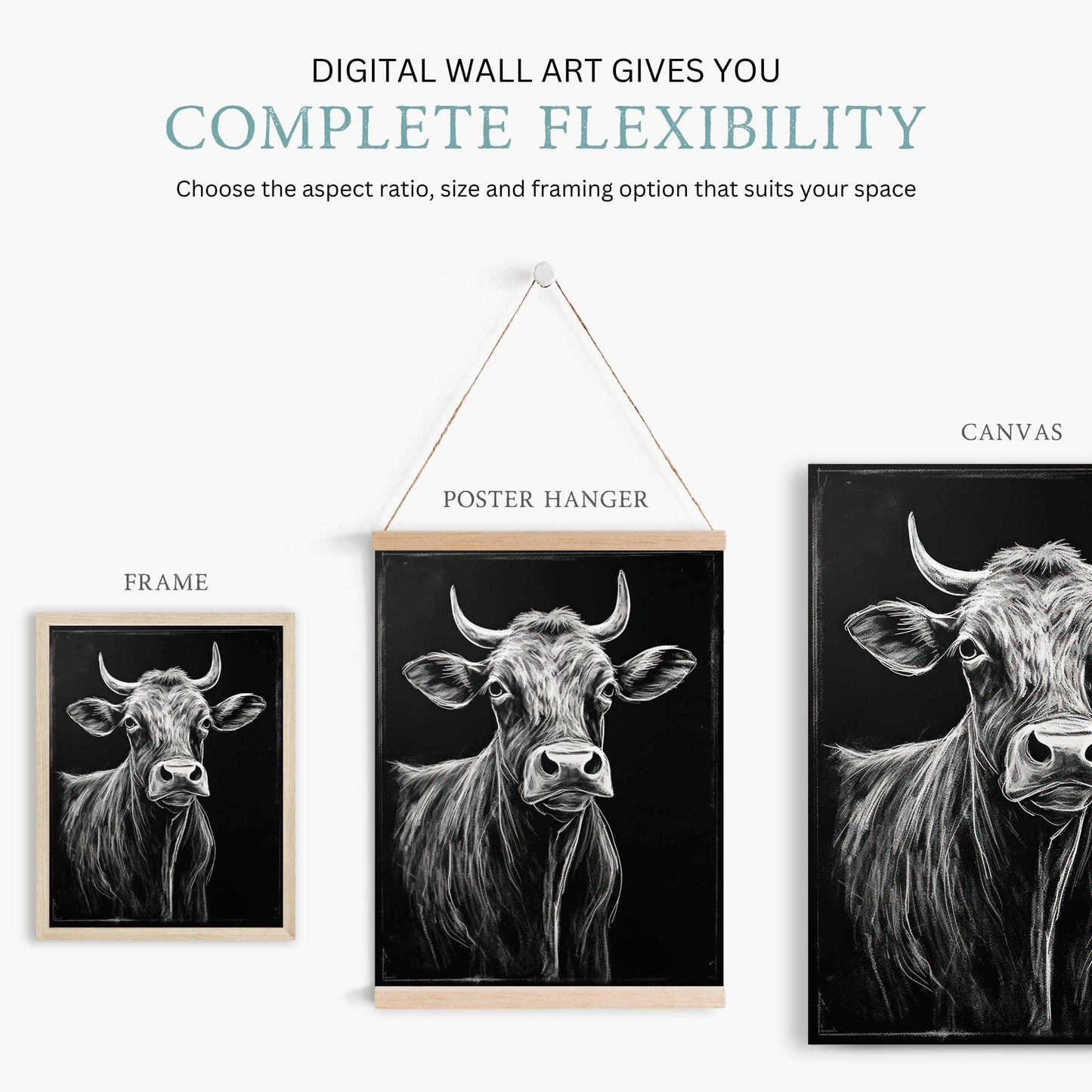 Bull Wall Art, Rustic Farmhouse Decor, Unique Cow Print - WildfieldPrints