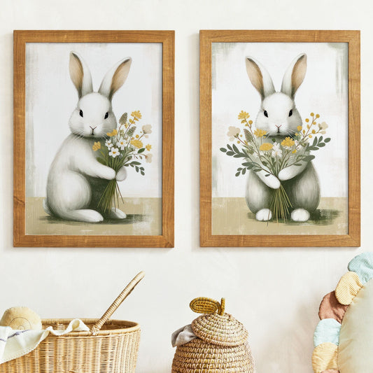 Bunnies and Flowers, Bunny Nursery Prints, Farmhouse Decor - WildfieldPrints