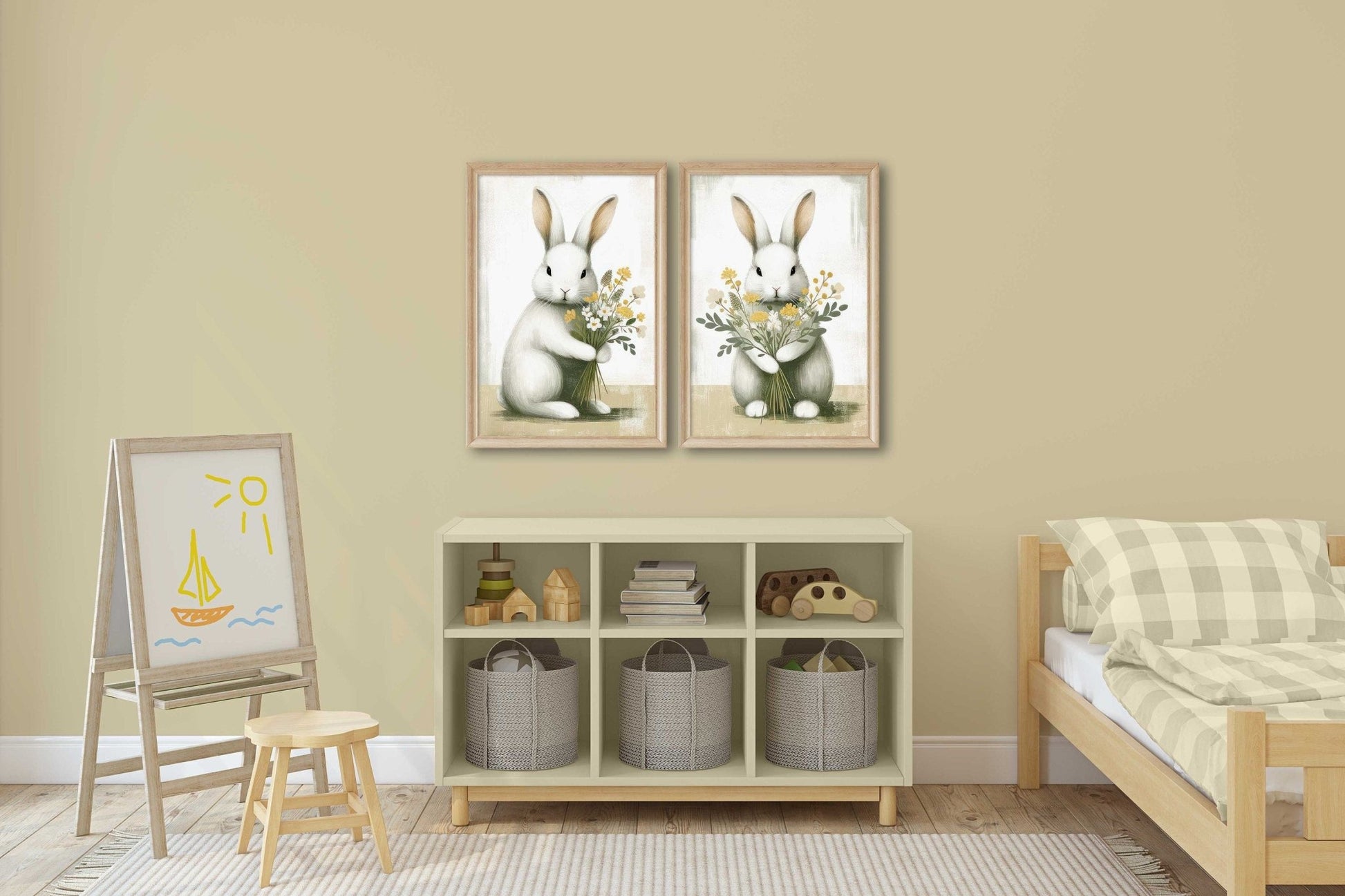 Bunnies and Flowers, Bunny Nursery Prints, Farmhouse Decor - WildfieldPrints