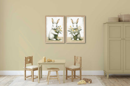 Bunnies and Flowers, Bunny Nursery Prints, Farmhouse Decor - WildfieldPrints