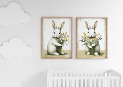Bunnies and Flowers, Bunny Nursery Prints, Farmhouse Decor - WildfieldPrints