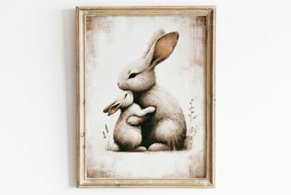 Bunny Art Print, Mother & Baby in Muted Tones, Cozy Nursery Decor - WildfieldPrints